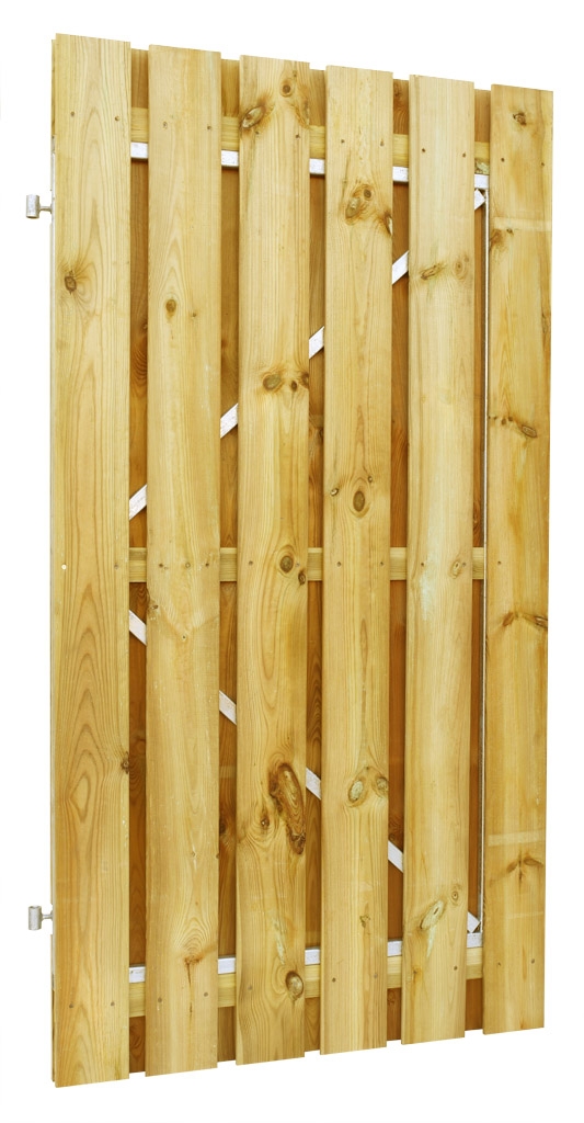 Gesprekelijk wacht verdiepen Grenen poortdeur 90x180cm op stalen verstelbaar frame | geschaafd groen  geïmpregneerd | 11 planken | Bakker Bouwen & Wonen